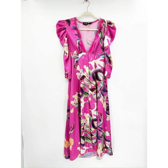 Pat Bo Grace Pink Floral Print Puff-Sleeve Midi Dress Size 0 - Picture 3 of 7